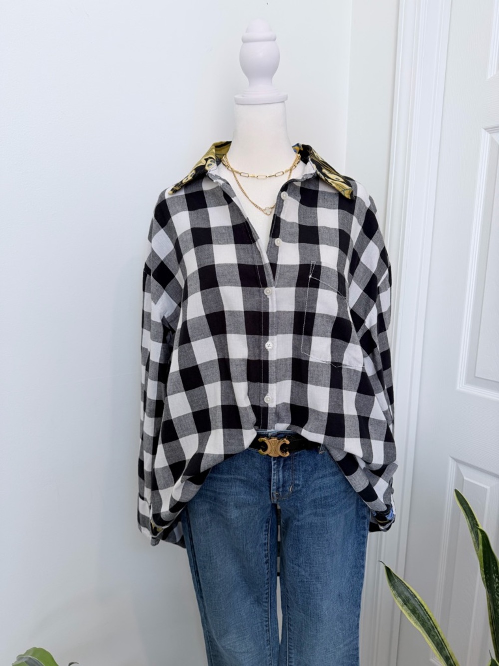 Maeve Anthropologie Black Buffalo Check Button Down Shirt Contrast Collar Large